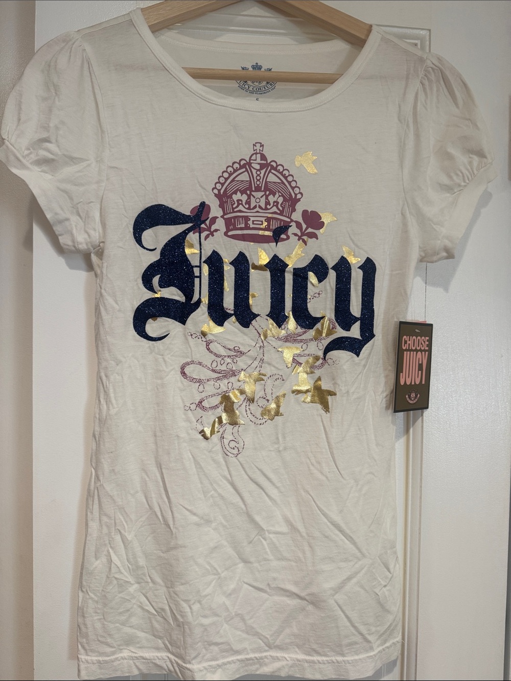 Juicy Couture White Tee with Navy Logo and Gold Accents